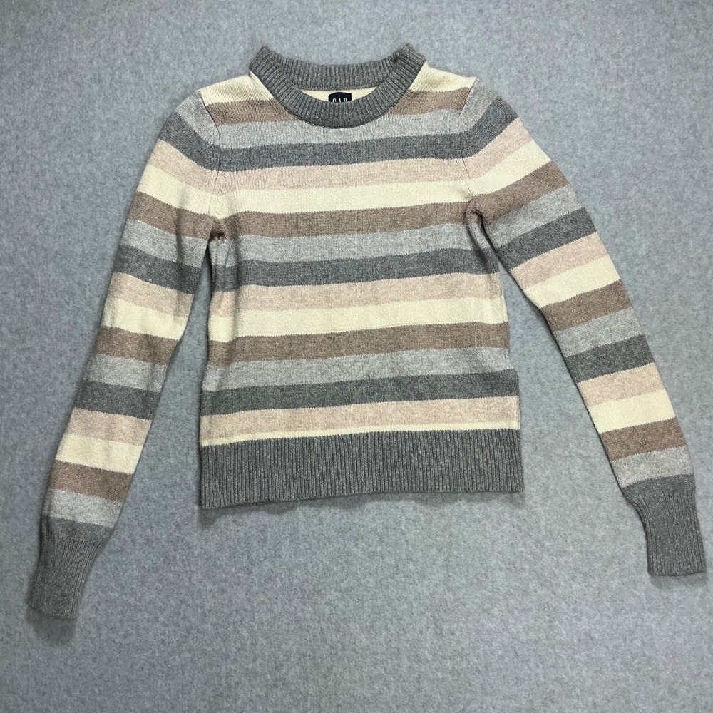 Gap Womens XS Striped Crewneck Sweater Multi Color Neutral Grey Cream Tan Knit